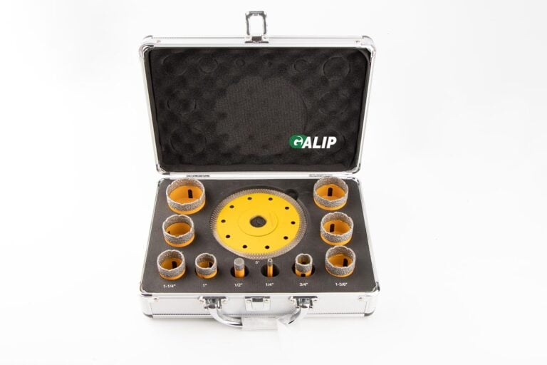 GALIP, yellow color M14 11-Piece Diamond Core Drill Bit with 125mm Saw blade Set, Silver aluminum box, front
