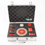 GALIP, M14 9-Piece Diamond Core Drill Bit with 125mm Saw blade Set, red color, front, Silver aluminum box