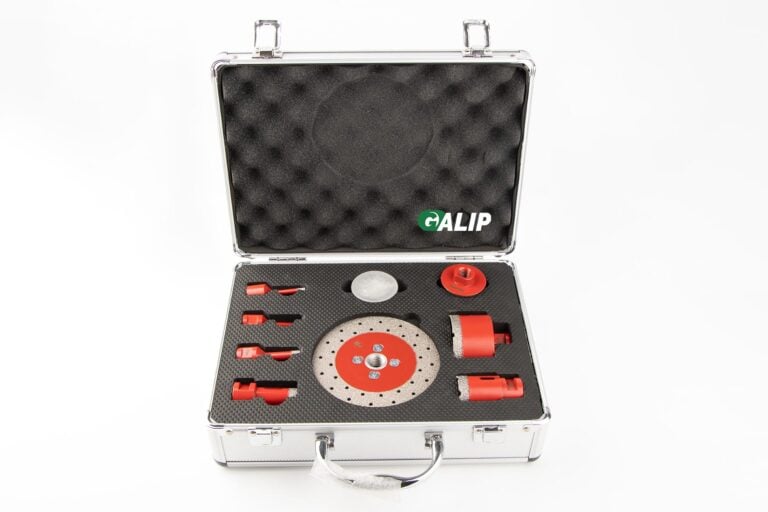 GALIP, M14 9-Piece Diamond Core Drill Bit with 125mm Saw blade Set, red color, front, Silver aluminum box
